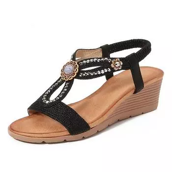 Удобная обувь, новые модные босоножки со стразами, женская обувь на платформе и танкетке 36 чёрный