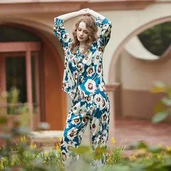 Удобная пижама Ice Silk для женщин с лацканами, весенне-летний домашний комплект с длинными рукавами M