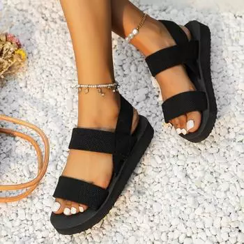 Удобная пляжная обувь на танкетке. Летние сандалии на плоской подошве. Домашние сандалии. 37 чёрный