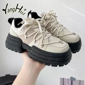 Удобная повседневная обувь с толстой подошвой, противоскользящая, 2024, новая мода, корейский стиль, квадратная обувь для женщин, весна-лето 35 бежевый