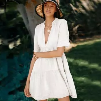 Удобная повседневная свободная юбка с v-образным вырезом и короткими рукавами и высокой талией, праздничное платье