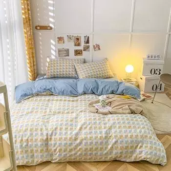 Удобная простыня цвета макарон, комплект из четырех предметов, комплект из трех предметов, постельное белье, одеяло для спальни, покрывало из хлопка в клетку 1.2m bed