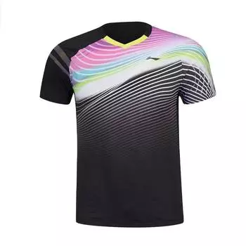 Удобная рубашка для бадминтона с коротким рукавом и цветным принтом логотипа Li Ning, мужские топы черного цвета AAYS055-4 L