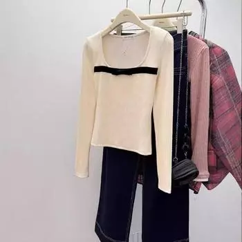 Удобная рубашка с длинными рукавами для женщин на раннюю осень, тонкая, нежная и модная, облегающая рубашка с бантом и воротником сверху S