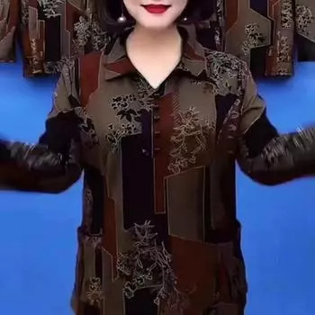 Удобная рубашка с геометрическим принтом и карманами, длинный рукав в стиле ретро для женщин, свободный пуловер для тела XL синий