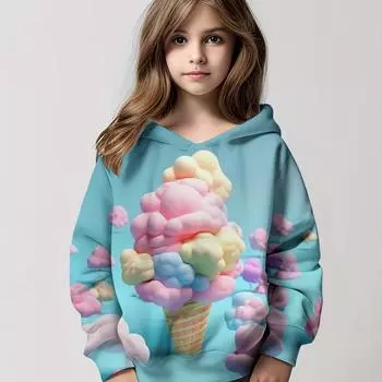 Удобная универсальная толстовка с капюшоном для девочек-подростков с рисунком мороженого в виде 3D-мультяшного персонажа для уличного и модного образа, осенне-зимний наряд 100