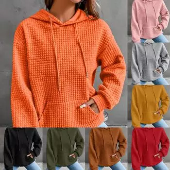 Удобная вафельная женская толстовка с капюшоном, регулируемым шнурком и карманом-кенгуру, модная повседневная мягкая толстовка с длинным рукавом S белый