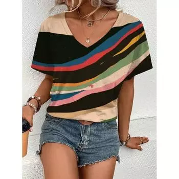 Удобная женская футболка с V-образным вырезом и геометрическим узором, минималистский художественный принт, летний уличный топ высокого качества с короткими рукавами S