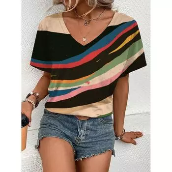 Удобная женская футболка с V-образным вырезом и геометрическим узором, минималистский художественный принт, летний уличный топ высокого качества с короткими рукавами S