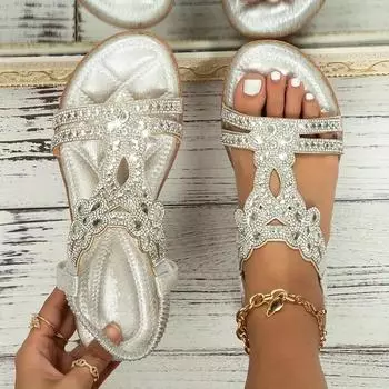 Удобная женская обувь, сандалии на плоской подошве со стразами, повседневные полые сандалии большого размера 35 белый