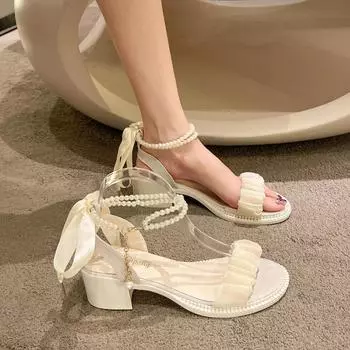 Удобная женская обувь, сандалии с жемчугом на блочном каблуке, средний костюм, женские бежевые универсальные туфли на массивном каблуке для девочек, средние прозрачные черные гладиаторы 35