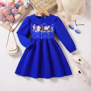 Удобное простое платье для девочек, летнее весеннее детское платье с милым принтом и длинными рукавами 90cm темно-синий
