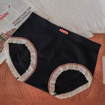 Удобные бесшовные хлопковые трусы, дышащие антибактериальные трусы с промежностью, женские трусы со средней талией, простые контрастные цвета one size чёрный