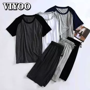 Удобные для кожи модные эластичные мужские пижамные комплекты из двух предметов, рубашки, шорты, топы, свободные брюки с эластичной резинкой на талии, мужская домашняя одежда L серый