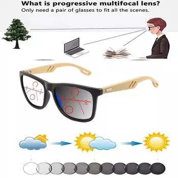 Удобные фотохромные прогрессивные мультифокальные очки для чтения в квадратной бамбуковой деревянной оправе от +0,75 до +4 +0.75