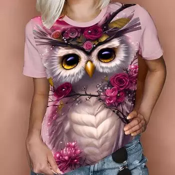 Удобные футболки с принтом совы, винтажные топы с короткими рукавами, женская летняя повседневная футболка с круглым вырезом S