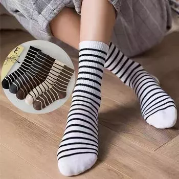 Удобные хлопковые носки, весенние и осенние чулки для женщин, унисекс, полосатые дышащие носки one size чёрный