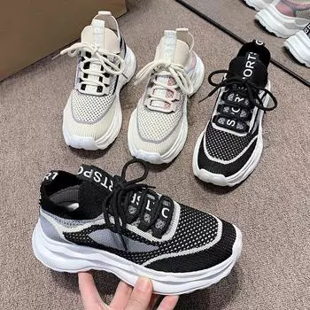 Удобные и дышащие туфли для папы, женская весенняя новая корейская версия, универсальная повседневная обувь, легкая спортивная обувь на платформе с мягкой подошвой, сетчатая обувь 35 розовый