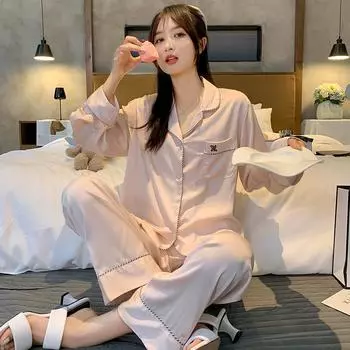 Удобные и легкие женские тонкие брюки из тонкого шелка с длинным рукавом, комплект из двух предметов для домашнего обихода в светло-розовом цвете на весну и осень M