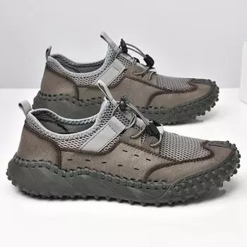 Удобные кожаные мужские пляжные сандалии, дышащая обувь для отдыха на природе, мужские кроссовки ручной работы, нескользящая летняя обувь, ажурные мужские классные балетки 38 чёрный