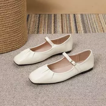 Удобные квадратные шапочки с мягкой подошвой, французские женские туфли Мэри Джейн, простая плиссированная женская одежда, ретро-туфли на плоской подошве 35 белый