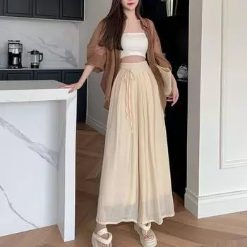 Удобные модные элегантные женские винтажные брюки хакама Y2k, мешковатые женские повседневные широкие брюки с высокой талией и завязками, свободные брюки S коричневый