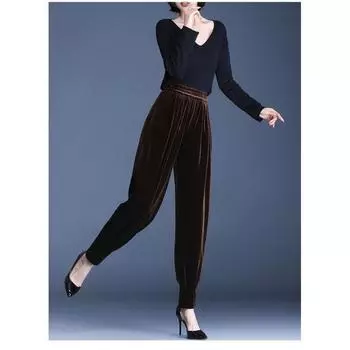 Удобные повседневные брюки из шелкового бархата с эластичной резинкой на талии, женские осенние тонкие брюки-харлан из шелкового бархата тутового дерева M чёрный