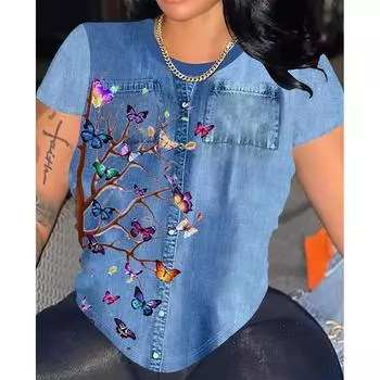 Удобные повседневные джинсы с принтом ветки дерева и бабочки, женская футболка большого размера с короткими рукавами