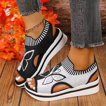 Удобные сандалии на мягкой подошве для женщин летом, толстая подошва, увеличивающая рост, дышащая, трикотажная подошва из губчатой ткани, спортивные сандалии 36 чёрный