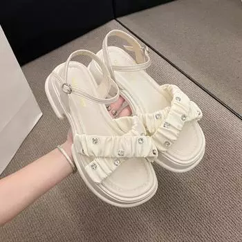 Удобные толстые нескользящие римские сандалии женские 2024новые модные повседневные простые универсальные женские сандалии с бриллиантами летние 35 покинуть белый