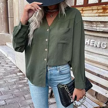 Удобные топы Женская одежда Модные повседневные топы Рубашки Модный и повседневный темперамент Осенняя однотонная женская рубашка с лацканами Зеленая женская рубашка S чёрный