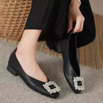 Удобные туфли Bean с плоской подошвой и квадратным носком, пряжкой Water Diamond 34 чёрный