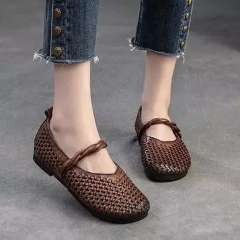 Удобные туфли Johnature Retro Shallow Flat из натуральной кожи, однотонные, плетеные вручную женские туфли 35 темно-коричневого