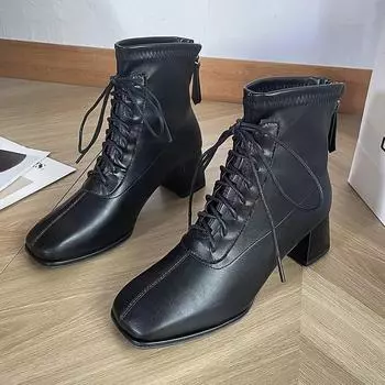 Удобные женские ботинки, женские ботинки до середины голени с квадратным носком, женские ботинки в британском стиле со шнуровкой и толстым передом 35