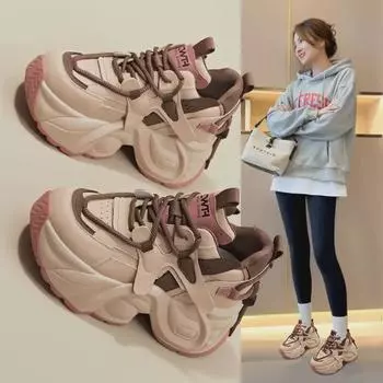 Удобные женские кроссовки на танкетке с высоким берцем — повседневная обувь с толстой подошвой, увеличивающая рост, на осень/зиму 2024 г. 34 коричневый/абрикосовый