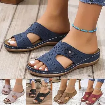Удобные женские летние сандалии с поддержкой свода стопы, цветочные швы, однотонные, с круглым носком, повседневные модные тапочки на танкетке, сандалии 36 чёрный