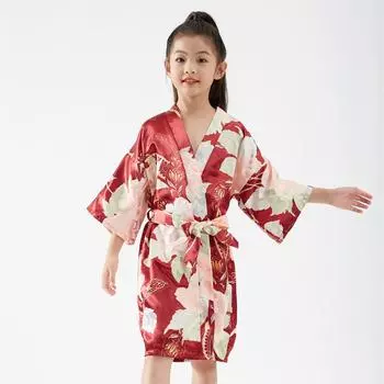 Удобный и элегантный шелковый халат с имитацией темперамента, атласный детский кардиган с большим пионом и халат-кимоно, детский утренний халат с цветочным принтом 4 тёмно-синий