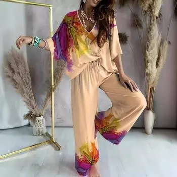 Удобный комплект с круглым вырезом, свободного кроя, с принтом S