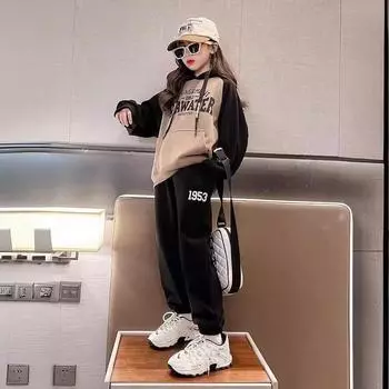 Удобный костюм для девочек на весну и осень, детский комплект из двух предметов: толстовка с капюшоном и штаны для детей среднего и большого размера 170