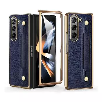 Удобный кожаный чехол в деловом стиле для Samsung Galaxy Z Fold 5 5G Z Fold4 3 2, защитная пленка для экрана, браслет, чехол Z Fold 5 чёрный
