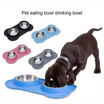 Удобный силиконовый коврик с двойной чашей для собак с защитой от проливания, легко моющаяся миска для воды для кошачьего корма S синий