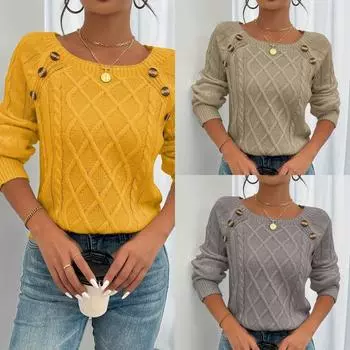 Удобный свитер с длинным рукавом, вязаный свитер с квадратным вырезом и пуговицами, повседневный женский трикотаж на осень и зиму S белый