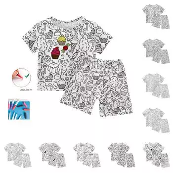 Удобный свободный комплект из топа и брюк для мальчиков и девочек с круглым вырезом и короткими рукавами для детей 100 бежевый