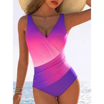 Удобный женский модный слитный купальник из 1 предмета, высокоэластичная полиэстеровая ткань, быстросохнущий узор в стиле колор-блок, трикотажное плетение S фиолетовый