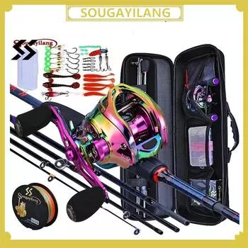 Удочки и катушки 5 шт. углерода 1,98 м / 2,1 м / 2,4 м стержень Baitcasting Reel Travel набор удочек с полным комплектом Сумка для переноски для пресноводной рыбалки 1.98m& Left handle