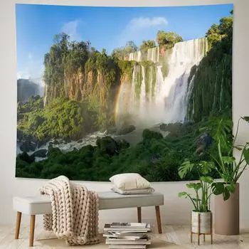 Уединенный лесной принт Водопад Домашняя комната Гобелен в стиле арт-деко Богемный декоративный гобелен 100x75cm