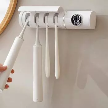 УФ-дезинфицирующее средство для зубных щеток с ЖК-дисплеем, 4 слота, USB-зарядка, настенный держатель для зубных щеток для ванной комнаты, электрический очиститель для зубных щеток белый