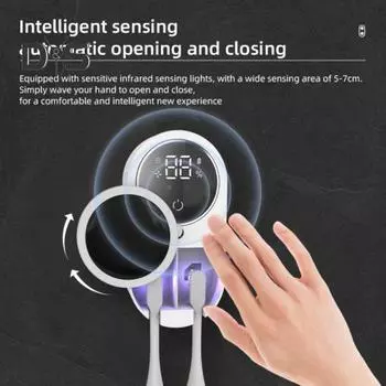 УФ-дезинфицирующее средство для зубных щеток с автоматическим датчиком, цифровым дисплеем, 2 слота, USB-зарядка, настенный держатель для зубных щеток для ванной комнаты, электрический очиститель для зубных щеток белый