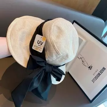 УФ-шляпа из хлопка и льна, женская летняя солнцезащитная шляпа с большим бантом, складная шляпа от солнца с защитой от УФ-излучения M56-58cm хаки