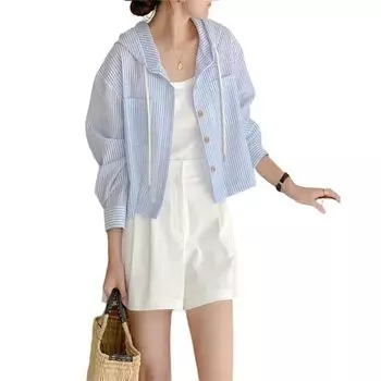 УФ-защита полосатая толстовка с капюшоном для коротких длинных L [ROSELUCA.] Женщины, Верхняя одежда, Весна/Лето, Длина, С капюшоном, Тонкий, Рукава, Освежающий, Синий, синий